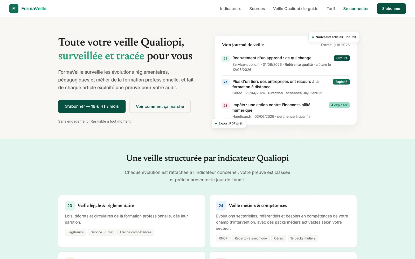 La page d'accueil de FormaVeille : « Toute votre veille Qualiopi, surveillée et tracée pour vous ».