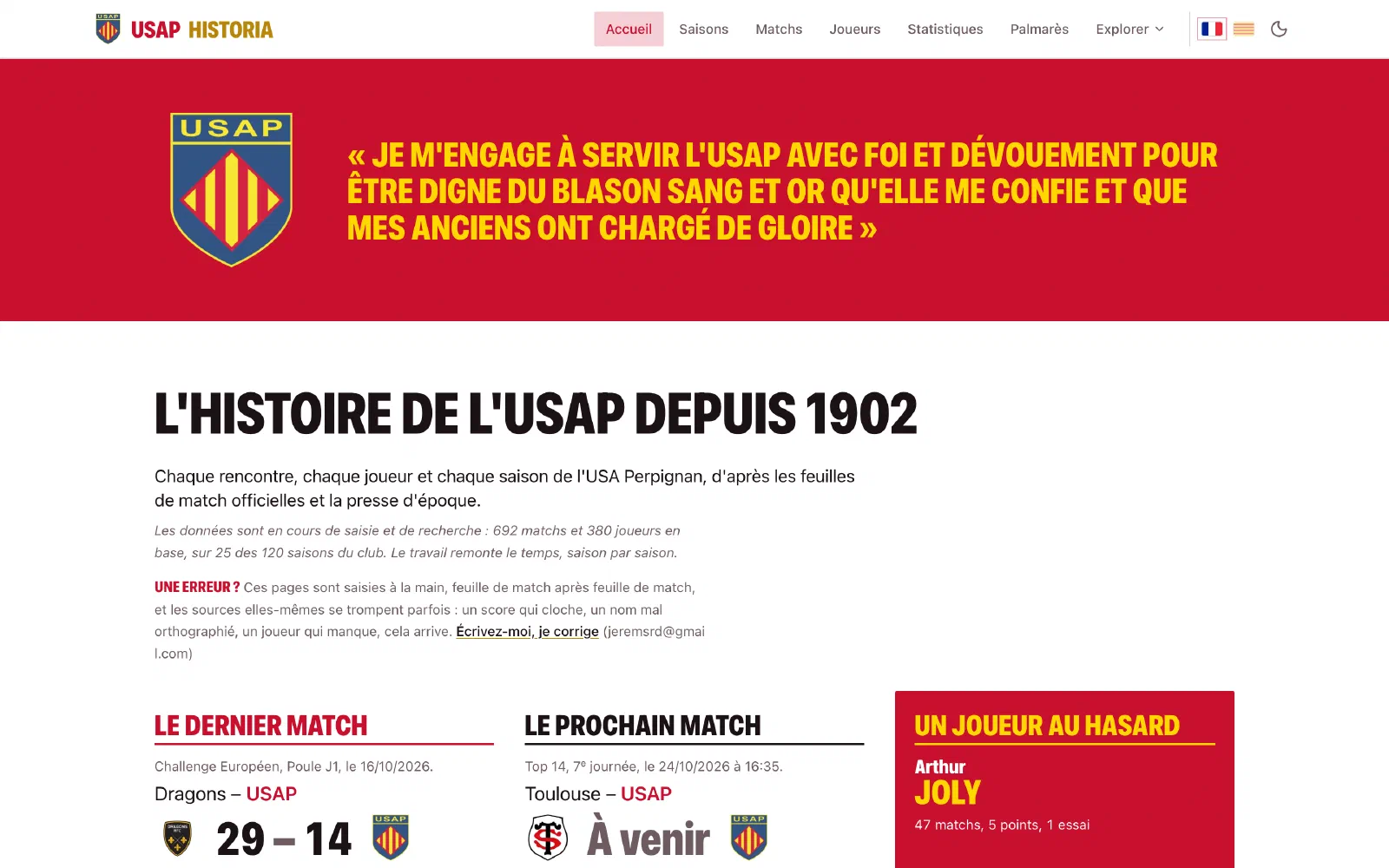 La page d'accueil d'USAP Historia : « L'histoire de l'USAP depuis 1902 », le dernier match et le prochain.
